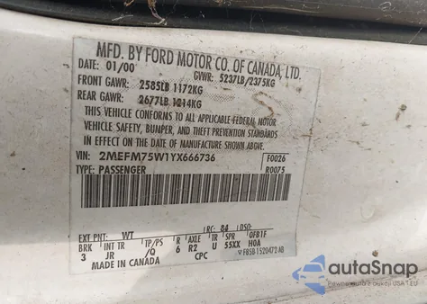 2000 Mercury Grand Marquis Ls from USA, damaged, VIN 2MEFM75W1YX666736